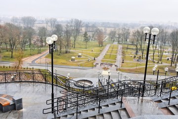Beautiful modern park in the center of Mogilev.  Updated city park with stone stairs metal lanterns...