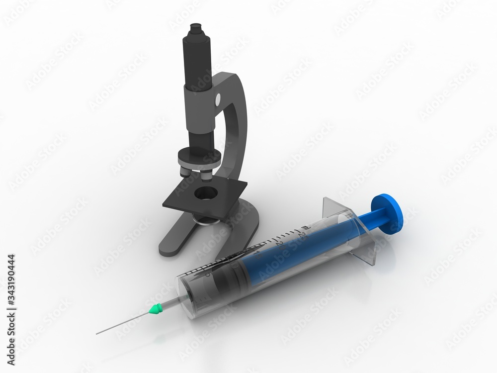 Poster 3d rendering virus testing microscope with syringe