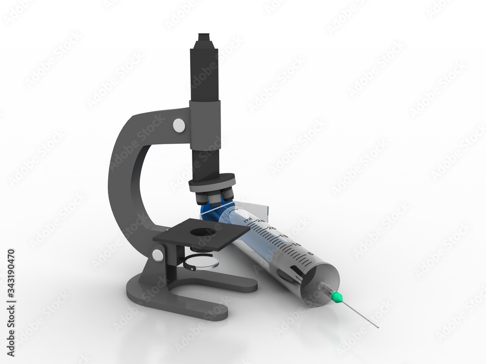 Poster 3d rendering virus testing microscope with syringe