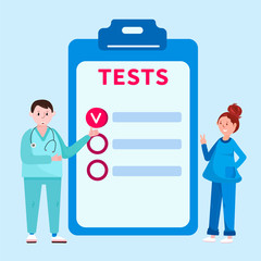 Doctor virologists analyze tests result. Concept of medical diagnostic with Physician and nurse. Test list for vaccination schedule. Hospital disease.