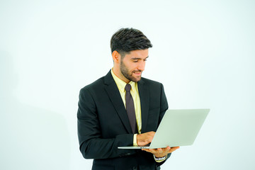 portrait shot of caucasian young businessman having social distancing meeting by video call conferfence from his notebook work from home on white background copy space
