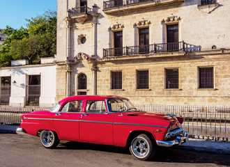 Vintage Car in front of the San Carlos and San Ambrosio Seminary, La Habana Vieja, Havana, La Habana Province, Cuba