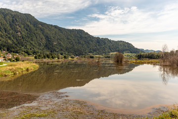 View from the Europe protected area of ​​the Bleistätter Moor at the Triebelmünd in the Ossiacher See Austrian Alps