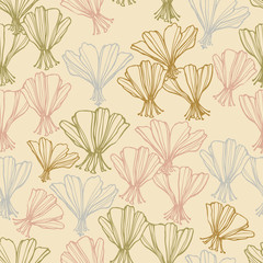Modern seamless vector botanical colourful pattern with abstract lined butterfly flowers in pastel brown colors. Can be used for printing on paper, stickers, badges, bijouterie, cards, textiles. 