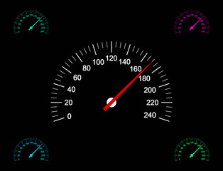 Vector illustration of car speedometer icons on dark background.