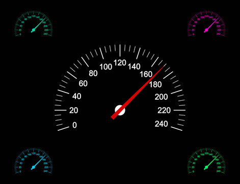 Vector illustration of car speedometer icons on dark background.