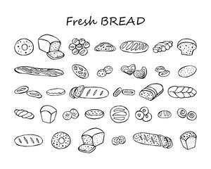 Bread and bakery products set. Monochrome isolated vector illustration is hand-drawn. Vector 10 EPS.