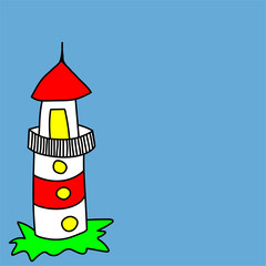 Lighthouse, Navigation Beacon building on island landscape on blue background. Blank for invitations, card, announcement or greetings, banner or internet post in social net with advertising.