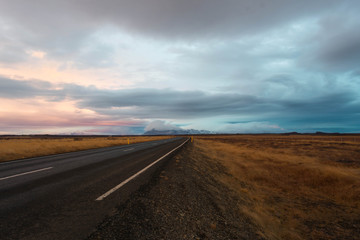 Road to the sky in Iceland. pink and blue