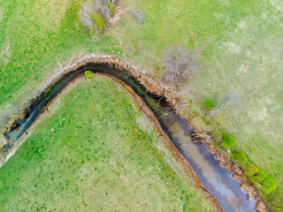 Top down view of an small river with green fields besides