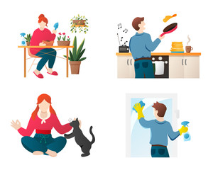 Stay home hobbies vector people cartoon characters set. People engaged in different activities isolated on white. Quarantine pastimes vector illustrations in flat style