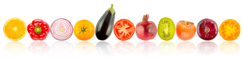 Fresh and bright fruits and vegetables in row with reflection isolated on white