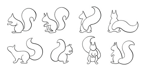 Vector set of squirrel, outline squirrel collection, black calligraphy line art, indifferent position isolated on white background, - obrazy, fototapety, plakaty