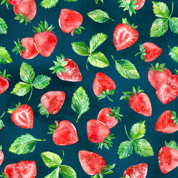 Strawberry seamless pattern, Watercolor berries dark background, summer harvest backdrop