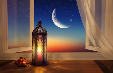 Ramadan lantern by the open window. Beautiful Greeting Card with copy space for Ramadan and Muslim Holidays. An illuminated Arabic lamp. Mixed media. © Tatyana Sidyukova