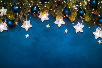 Christmas composition. Top view, flat lay, copy space.