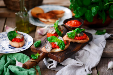 Bruschetta with pepper  and sardines..selective focus