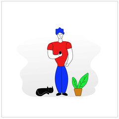 man and cat with using a phone
