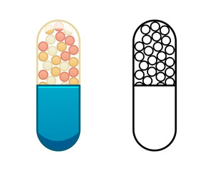 Flat and outline style oval capsule pills isolated illustration on white background