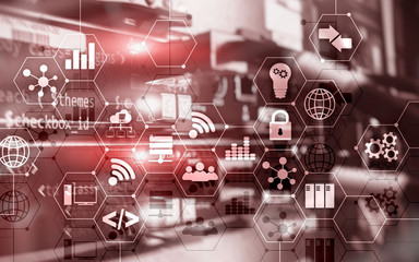 Abstract Internet digital technology concept server rack room background.