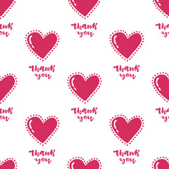 Seamless pattern with hand drawn hearts and thank you text. Doodle style. Design element for St. Valentine Day, wedding, romantic event, fabric swatch, wrapping papper.