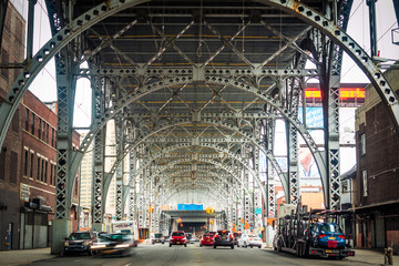 Traffic under architectural landmark Riverside Drive Viaduct in West Harlem, Upper Manhattan, New York City, United States of America.