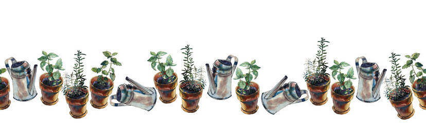 Gardening themed seamless border with potted plants and watering cans isolated on white.
Design for tapes, wallpaper, fabric.
Watercolor illustration.
