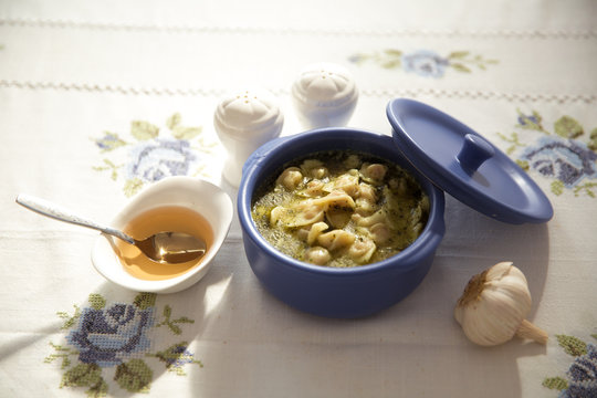 'Dushbere' - soup with meat dumplings with mint leaves served with vinegar Azerbaijan cuisine