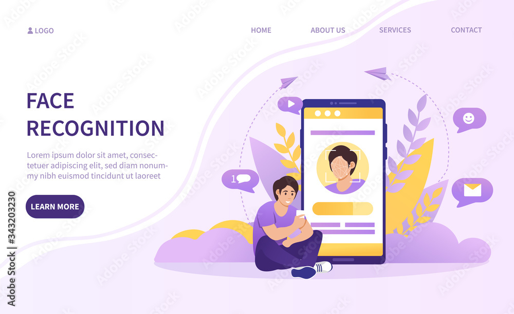 Poster digital face recognition technology concept with a young man sitting in front of a mobile phone with