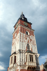 Fototapeta na wymiar Town Hall Tower of Krakow, Poland, on a sunny day. Also called wieza ratuszowa w krakowie, it is a major landmark of the historical center of Krakow, Poland