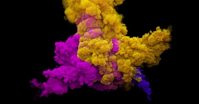 Colored abstract smoke explosion. Ink cloud isolated on black background with alpha. Colorful paints of array particles fly in air and mix smoothly. 3D slow motion animation and rendering.