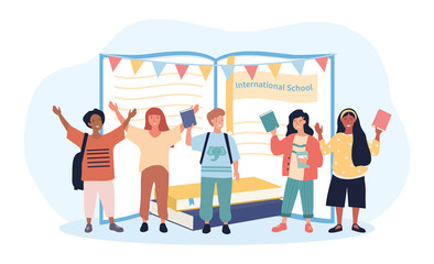 Happy group of multiracial students waving and cheering in front of an open book at an International School, colored vector illustration