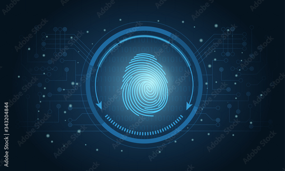 Poster login using fingerprint identification with a print inside a circle on an electronic or digital scre