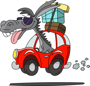 Cartoon donkey wearing sun glasses driving a car going on vacation vector illustration