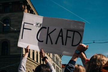 Eine Menschenmenge auf einer Demonstration, aus der Hände ein Plakat auf dem F**ck AFD steht in die Höhe halten; München
