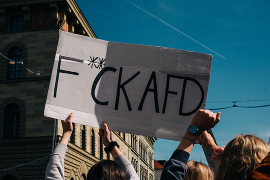 Eine Menschenmenge auf einer Demonstration, aus der H&auml;nde ein Plakat auf dem F**ck AFD steht in die H&ouml;he halten; M&uuml;nchen