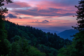 Sunrise Skies over layers of mountains in smokies