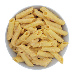 Above View Penne Pasta with Four Cheese Sauce with Clipping Path