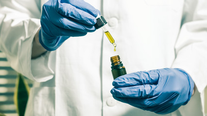 Examining cannabis cbd thc oil in medical scientist hands in pharmaceutical laboratory with mask...