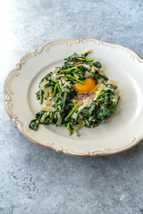 Homemade Cooked Spinach with Fried Egg in Plate.