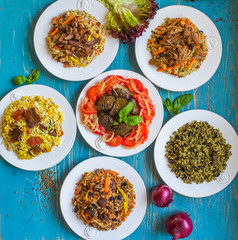 Assorted Uzbek food set pilaf