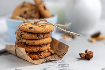 Chocolate Chip Cookies. Homemade baking. Round shape, not big. On a light gray background.