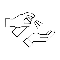 Hand holding spray bottle sanitizer line icon. Hands disinfection symbol. Black outline on white background. Antiseptic product for infectious disease prevention. Vector illustration, flat, clip art. 