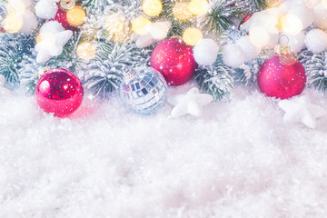 Naklejka na ściany i meble Christmas and New Year holidays background, winter season. Christmas greeting card