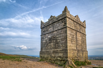 The Rivington Pike Tower stone listed building at the hill summit public walk