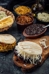 Different types of Venezuelan and Colombian Arepas. Typical Latin American breakfast