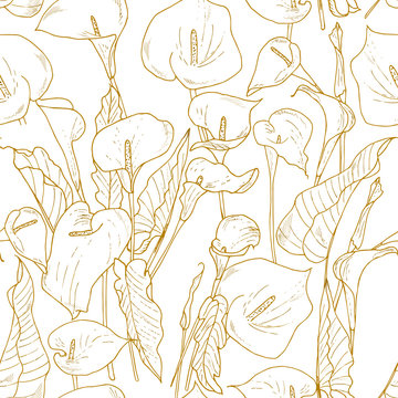 Calla flower seamless pattern. gold engraved ink art. Floral tropical background , outline, hand-drawing.