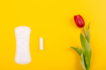 Women's daily sanitary pad and tampon for special days with a red tulip flower on a yellow background with place for text. Girl's secrets.