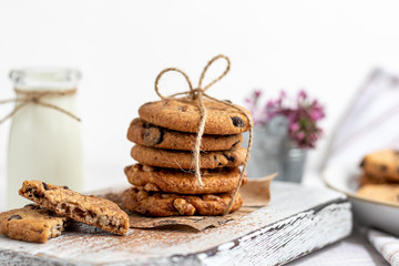 Chocolate Chip Cookies. Homemade baking. Round shape, medium size. On a white wooden background.