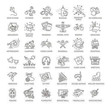 Hobbies and interest detailed line icons set in modern line icon style